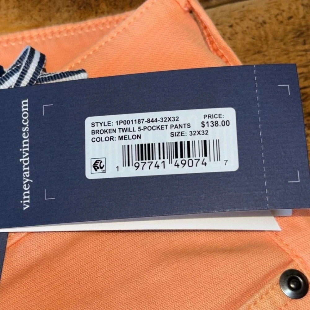 NWT Vineyard Vines Mens Broken Twill 5 Pocket Pants Melon Straight Leg 32x32